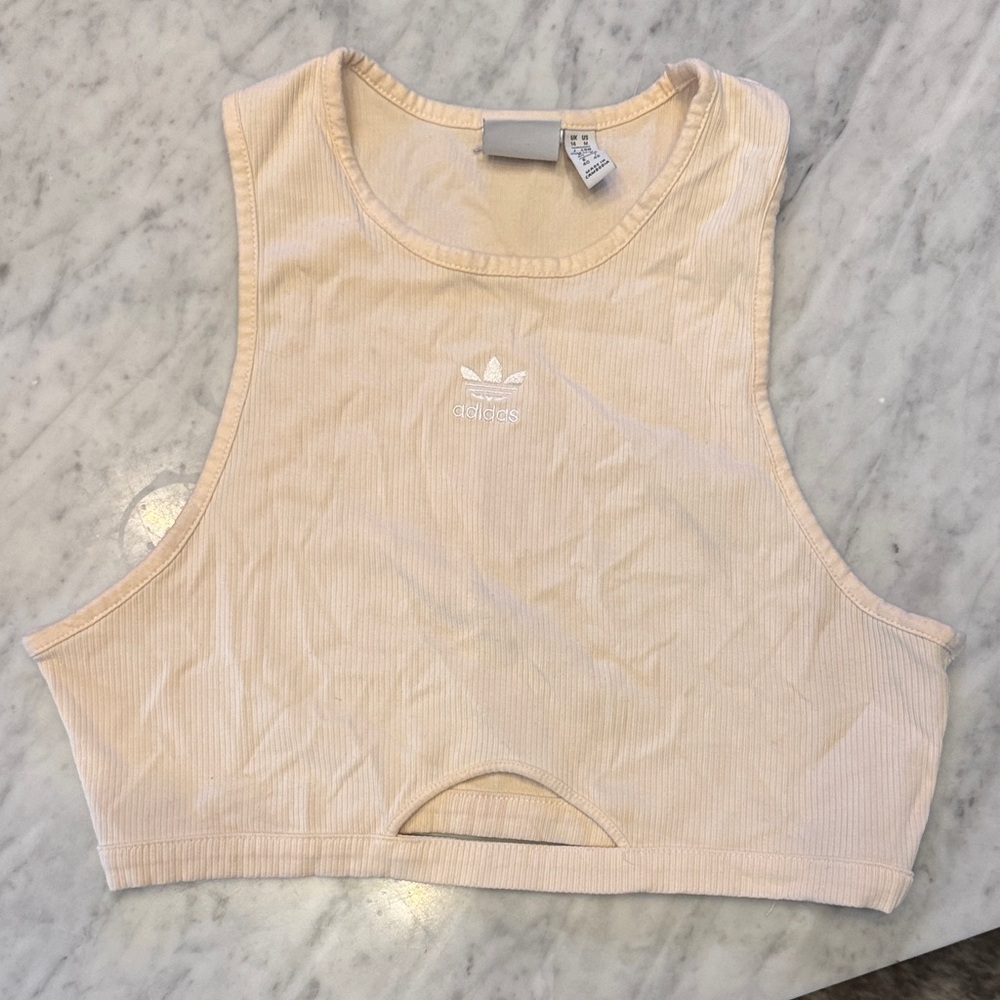 adidas cream ribbed crop tank with Cutout